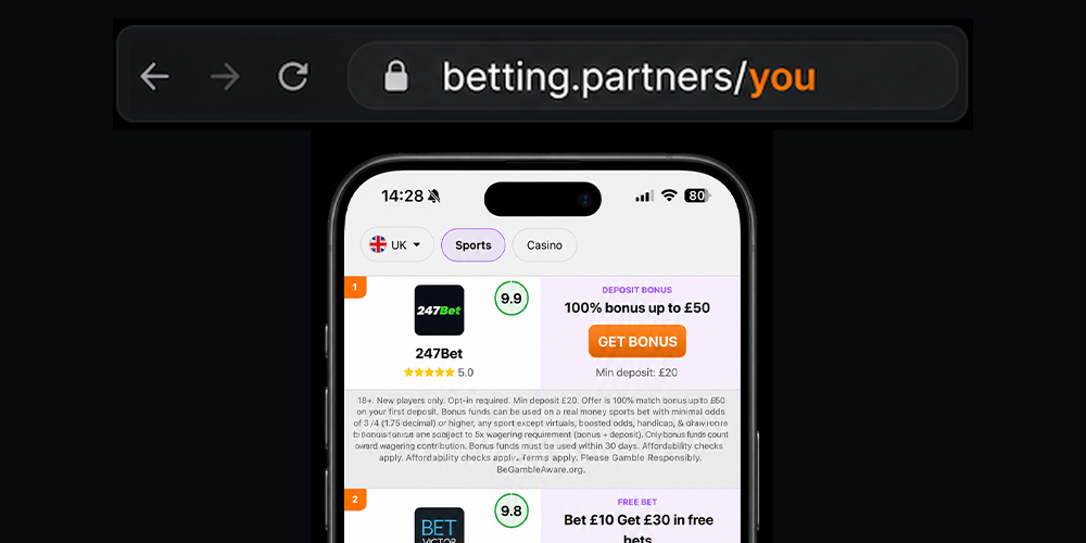 Betting.Partners affiliate landing page shown on a smartphone with a personalised betting.partners/you web address